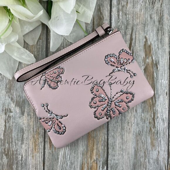 Coach Corner Zip Wristlet Butterfly Print Wallet Bag Purse